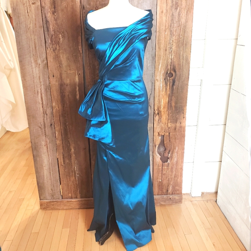 Peacock Satin Teri Jon Drape Evening Gown